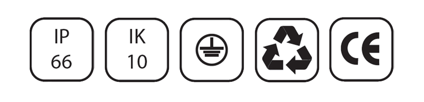 Iconos de caracteristicas de ANDI: IP66, IK10, proteccion electrica, reciclaje y marcado CE